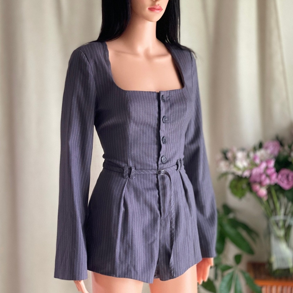 NWOT Free People x Revolve Paloma Romper Charcoal Pinstripe Long Sleeve S